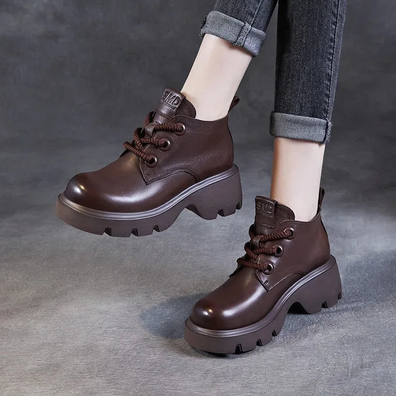 DRKANOL Luxury Design Genuine Leather Ankle Boots For Women Platform Casual Short Boots Women Winter Thick High Heel Warm Shoes
