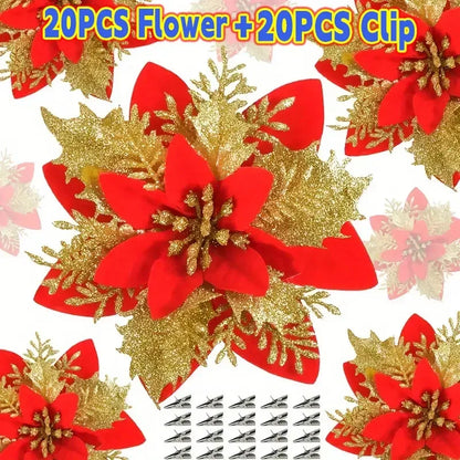 40PCS Artificial Glitter Christmas Flowers with Clips for Xmas Tree Ornament Fake Flower Floral New Year Party Home Decoration