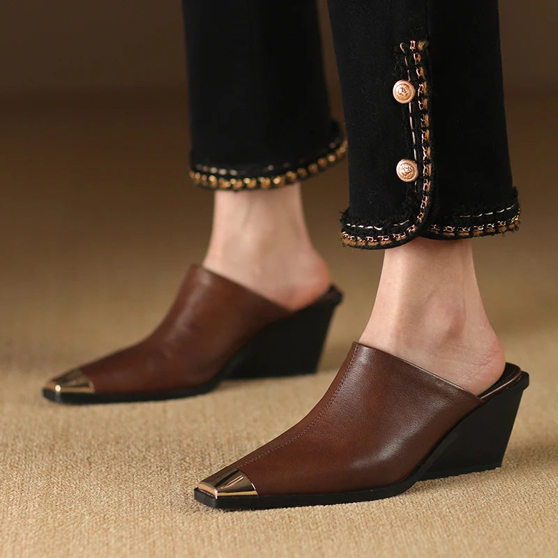 2025 New Ladies Genuine Leather Metal Head Mules Fashion Med Chunky Heels Summer Wedges Slippers Women Casual Office Shoes Woman