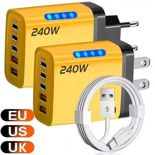 Total 240W Power GaN Charger 5 in 1 Fast Charging Charger PD Adapter For iPhone Samsung Xiaomi Huawei Laptop Tablet 2USB 3C by PDG ibma