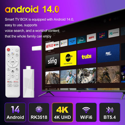 Android 14 ATV Smart TV Stick Support 4K Video 4K@60fps BT5.0 WiFi6 Rockchip RK3518 Quad Core Google Voice Remote Smart TV Box