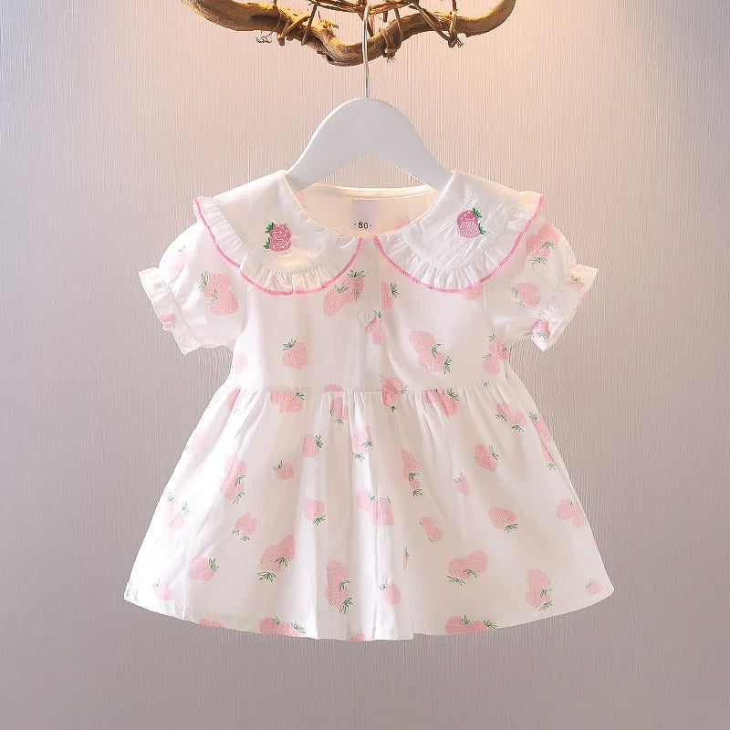Summer New Style Baby Girls Dress Short Sleeve Flower Fake Two-Piece Shoulder Strap Dress Cute Princess Wedding Party Costume