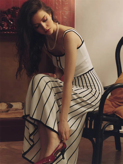 Tossy Striped Knit Backless Maxi Dress Women Slim Contrast Strapless Fashion Elegant Party Dress 2024 Knitwear Female Long Dress