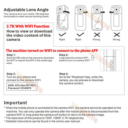 2.7K 180° Rotatable Wifi Outdoor Sports Camera 1.4Inch Screen Thumb Action Cam Motorcycle Road Sport Magnetic Attraction Bracket