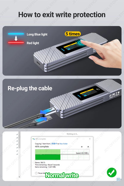 JEYI Visual Smart M.2 NVMe NGFF SSD Enclosure, Supports 5s Write Protection, 3s Re-connect, USB 3.2 Gen2 10Gbps, UASP Trim