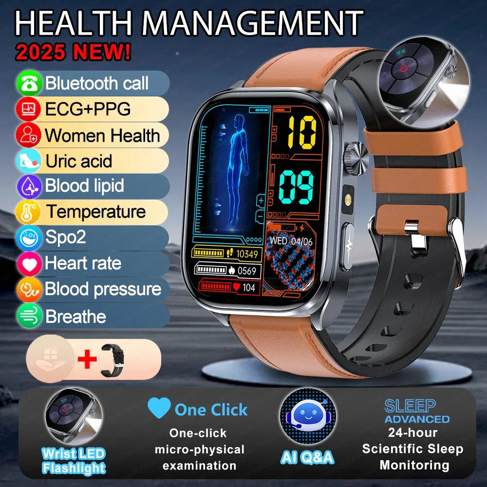 New Uric Acid Blood Lipids AI-GPT ECG Smartwatch Micro Physical Examination Body Analysis Men BT Call LED Flashlight Smartwatch