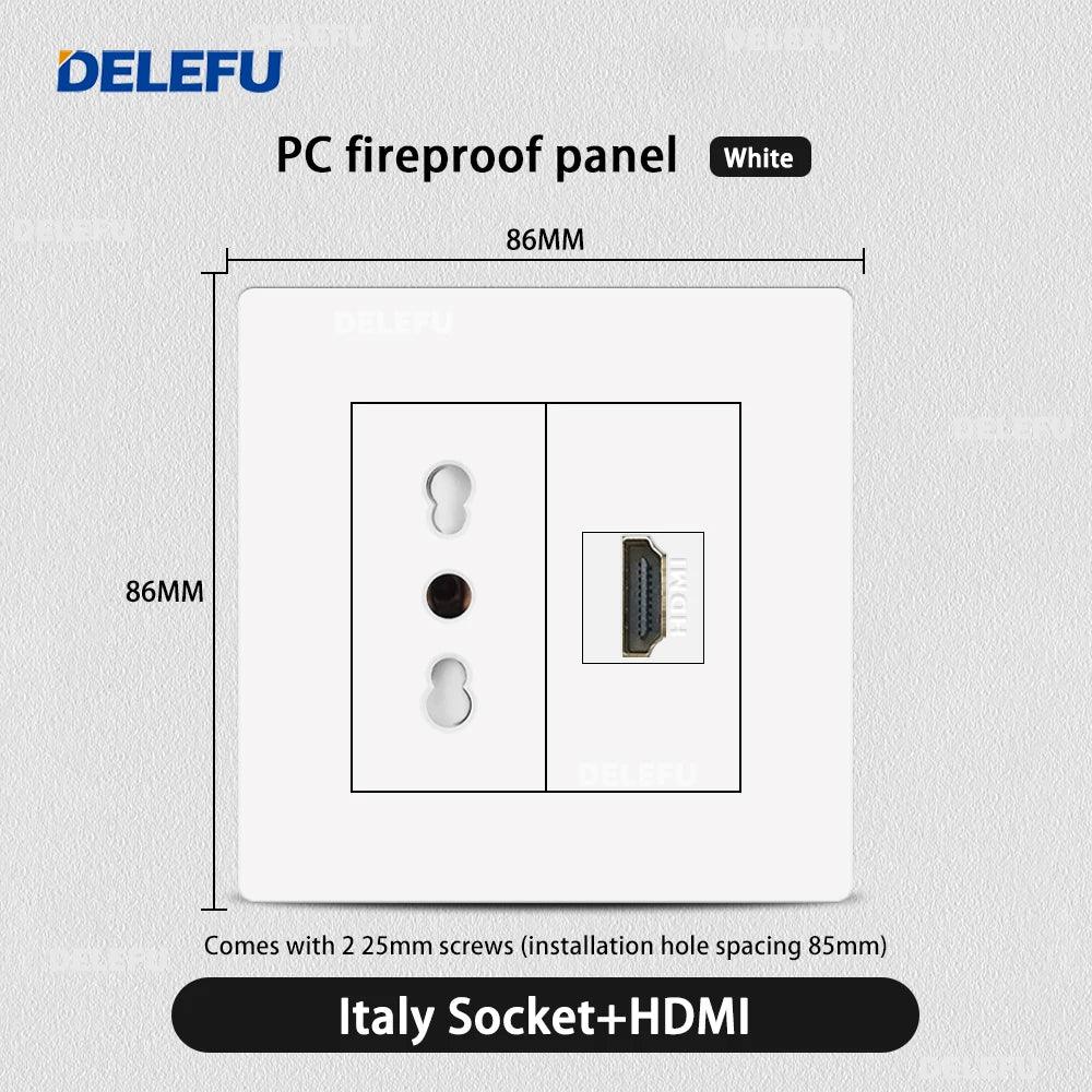 DELEFU86 PC White Flame Retardant Panel Italy Standard Wall Socket USB Type C Socket German Italian Socke EU Socket