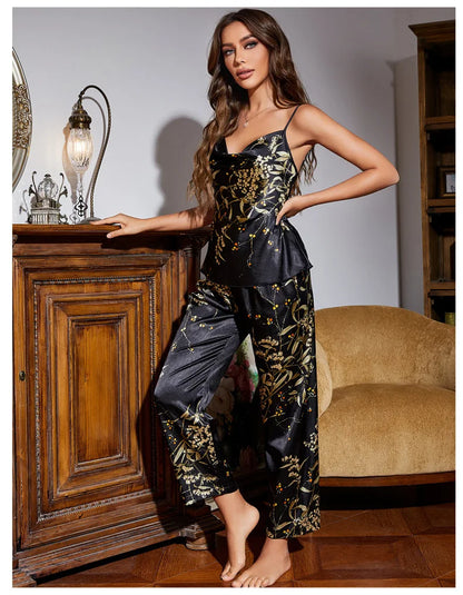 Women Pajamas Sexy Print Cherry Suspender Pijamas Suit Sleepwear Spring Summer Silk Rayon Home Clothes Sling Pants Two Piece Set