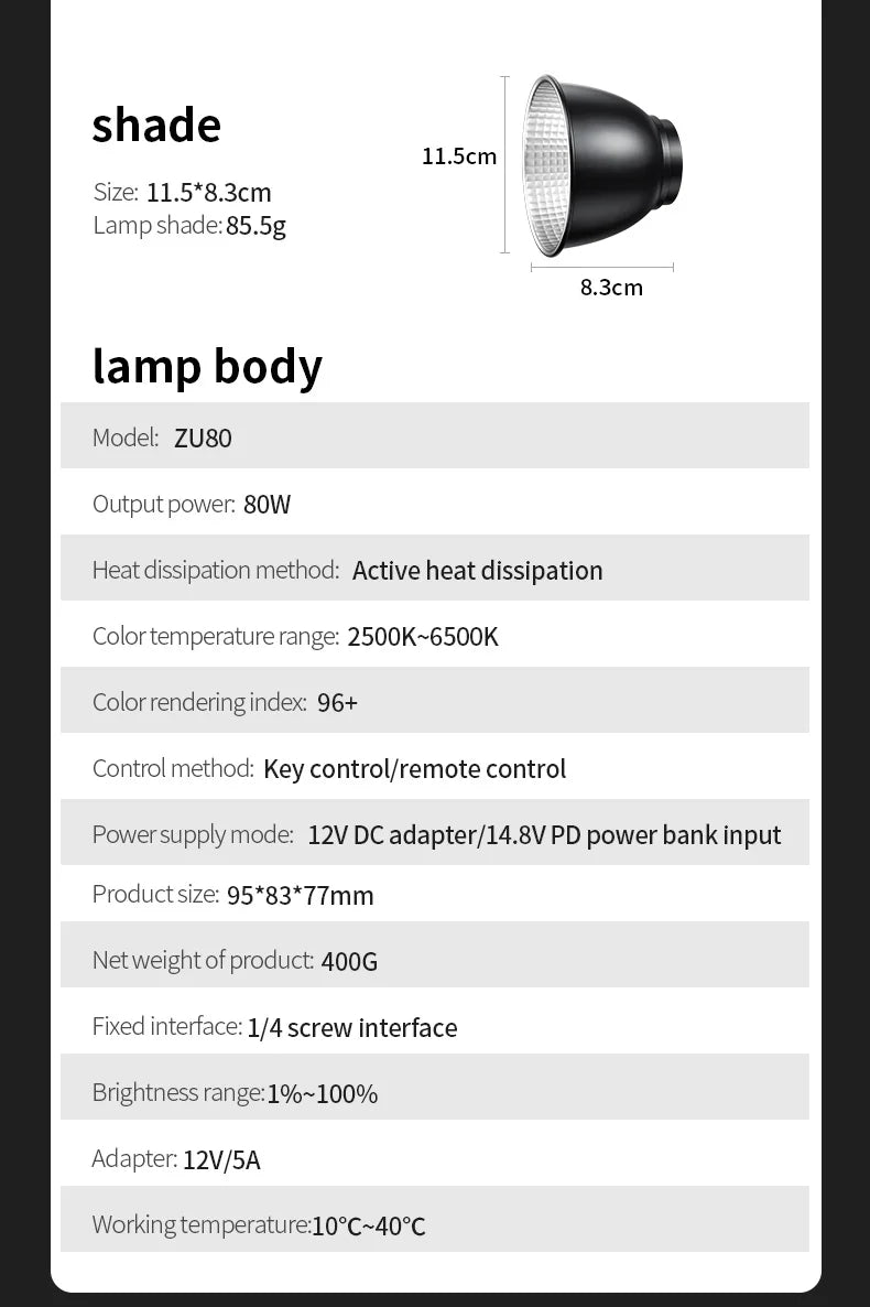 ZU80 COB camera light 80W LED fill light 2500K~6500K dual-color mini Bowens portable outdoor live lighting CRI≥96 TLCI≥97