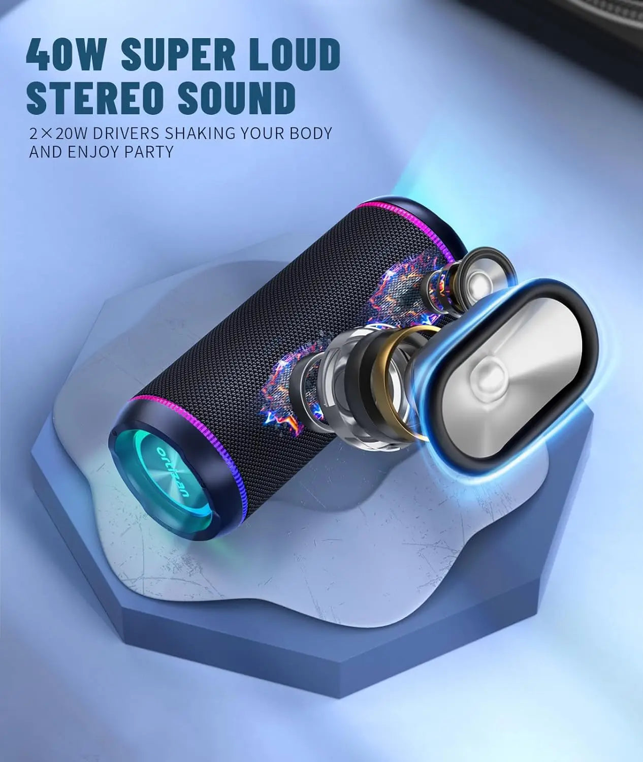 Ortizan Wireless Portable Bluetooth Speaker X30 with 40W Stereo Sound, Rich Bass, IPX7 Waterproof, 30H Playtime, TWS, LED Lights