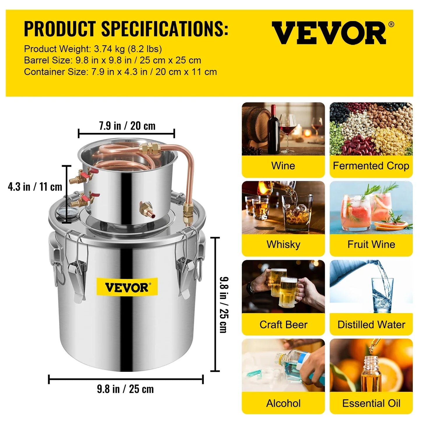 SucceBuy 3 5 8 13 Gal Distiller Alambic Alcohol Still Stainless Copper DIY Home Brew Water Wine Essential Oil Brewing Kit