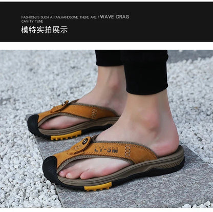 Genuine Cow Leather Shoes Men Sandals Mens Flip Flops Men's Casual Shoes Classic Massage Beach Slippers Anti-slip Summer 2025