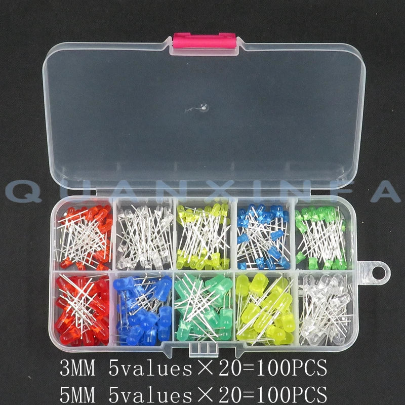 100PCS 3MM 5MM LED F3 F5 round super bright red, green, yellow, blue and white LED 20 each