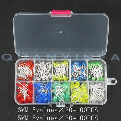 100PCS 3MM 5MM LED F3 F5 round super bright red, green, yellow, blue and white LED 20 each