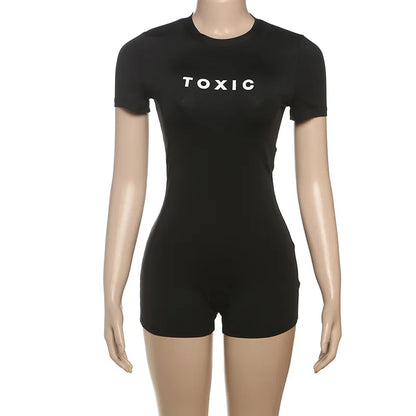 Shestyle Letter Printing Toxic Black Playsuit Women Short Sleeve Back Zipper Crew Neck Skinny Exercise Hipster Outfit Fitness