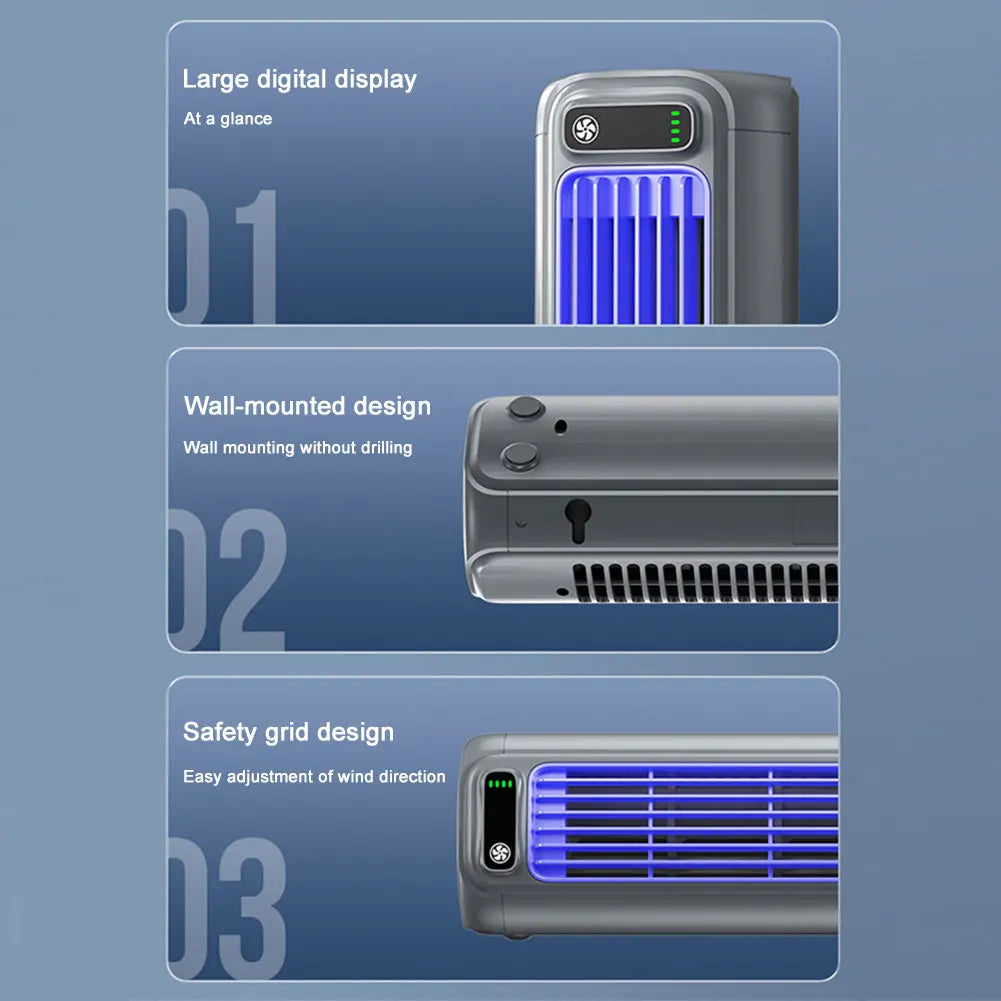 USB Plug-in Portable Tower Fan 3 Speed Desktop Fan 2000mAh Rechargeable Quiet Standing Fan 300x80x80mm Wall Mount Fan