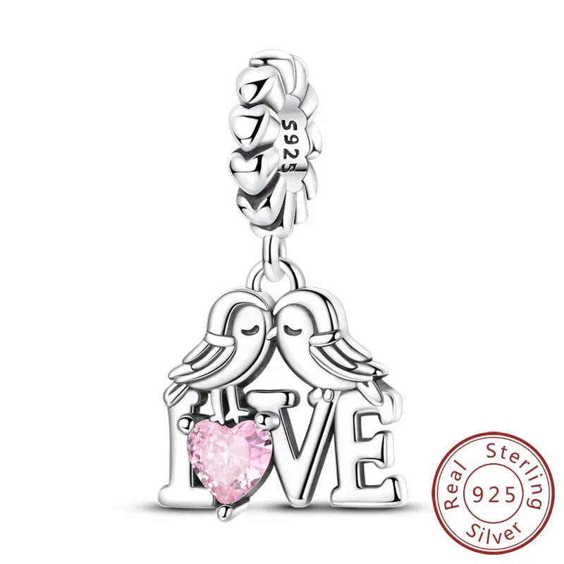 925 Silver Valentine's Day Charms Bead Sparkling Sweet Heart Rose Bear Charm Fit Original Bracelet Bangle Woman DIY Jewelry Gift
