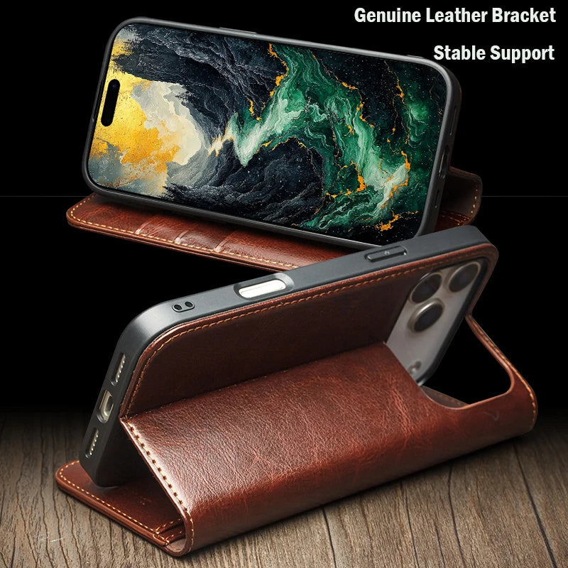 QIALINO Genuine Leather Flip Case for iPhone 17 Bracket Handmade Business Cover with Card Slots for iPhone 17 Pro Max/17 Air