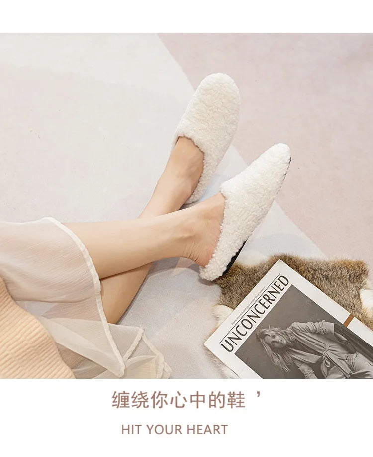 Big Size 43 Women Lambswool Slippers Winter Sheep Fur Shoes Ladies Flat Cotton Slides Home Pantuflas Daily Slip On Furry Mules
