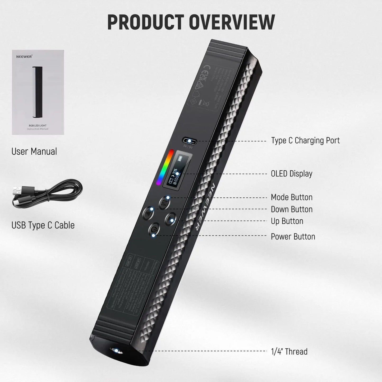 NEEWER RGB Light Wand with APP Control Magnetic Handheld Photography Video Light Stick Dimmable CRI95+ Full Color LED Tube Bar