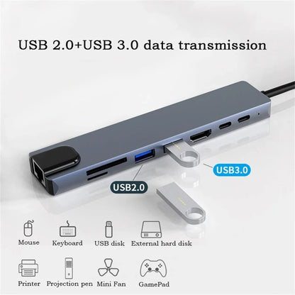 8 In 1 USB C Hub with RJ45 SD/TF Card Reader Type C 3.1 To 4K HD Adapter  PD Fast Charge for MacBook Notebook Laptop Computer