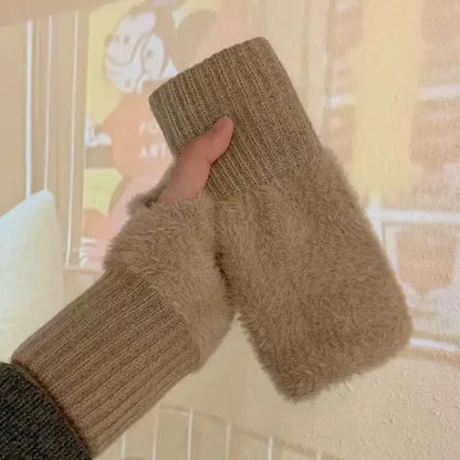 New Solid Color Plush Gloves Women in Autumn and Winter Warm Luxury Woolen Knitted Touch Screen Open Finger Half Finger Gloves