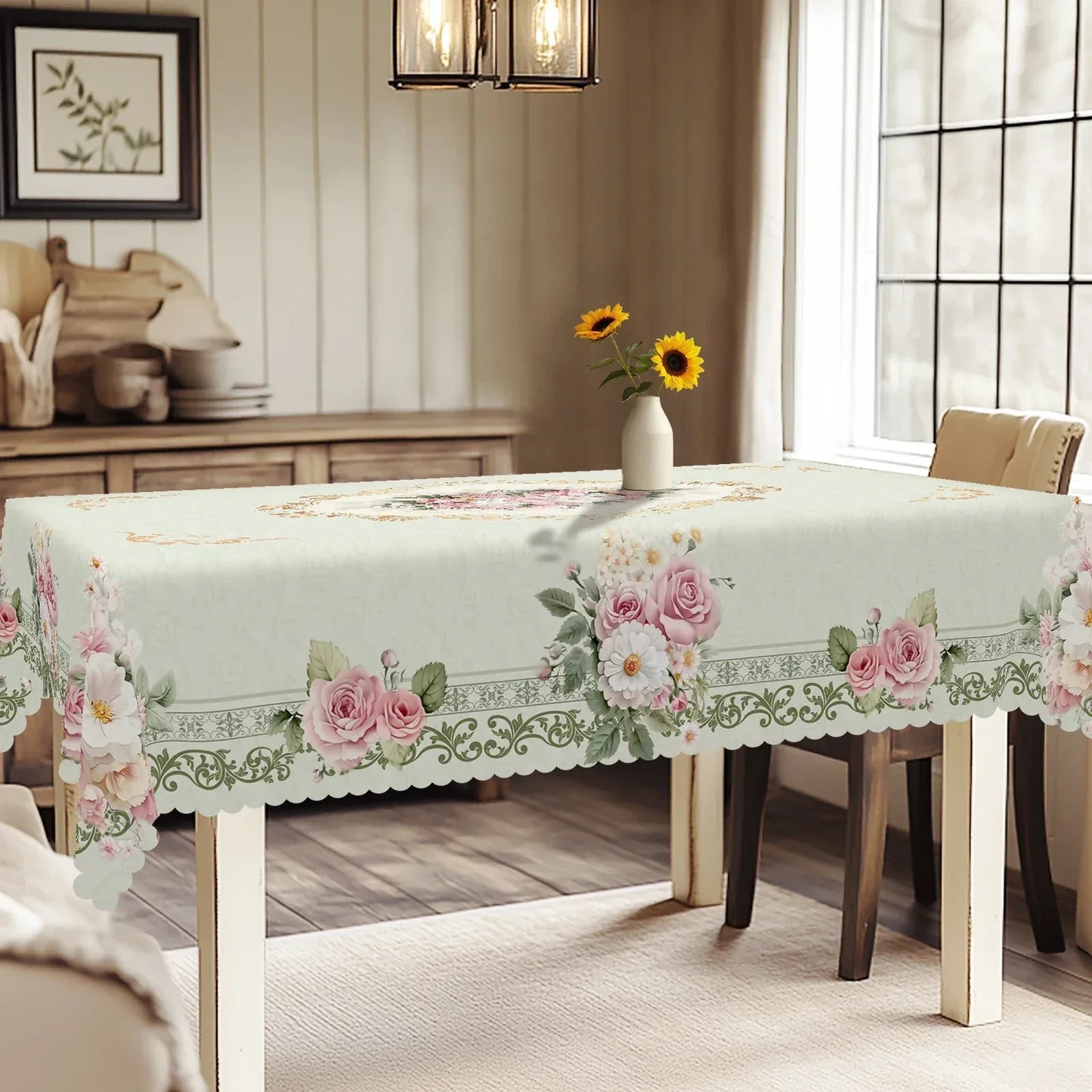1 Piece, Elegant Retro Style Pink Rose Theme Tablecloth + 4 Self-Adhesive Stickers, Wedding Atmosphere Decoration, Embossed Edges, Suitable for Home Kitchen, Living Room Dining Table Balcony Coffee Table, Holiday Party Holida