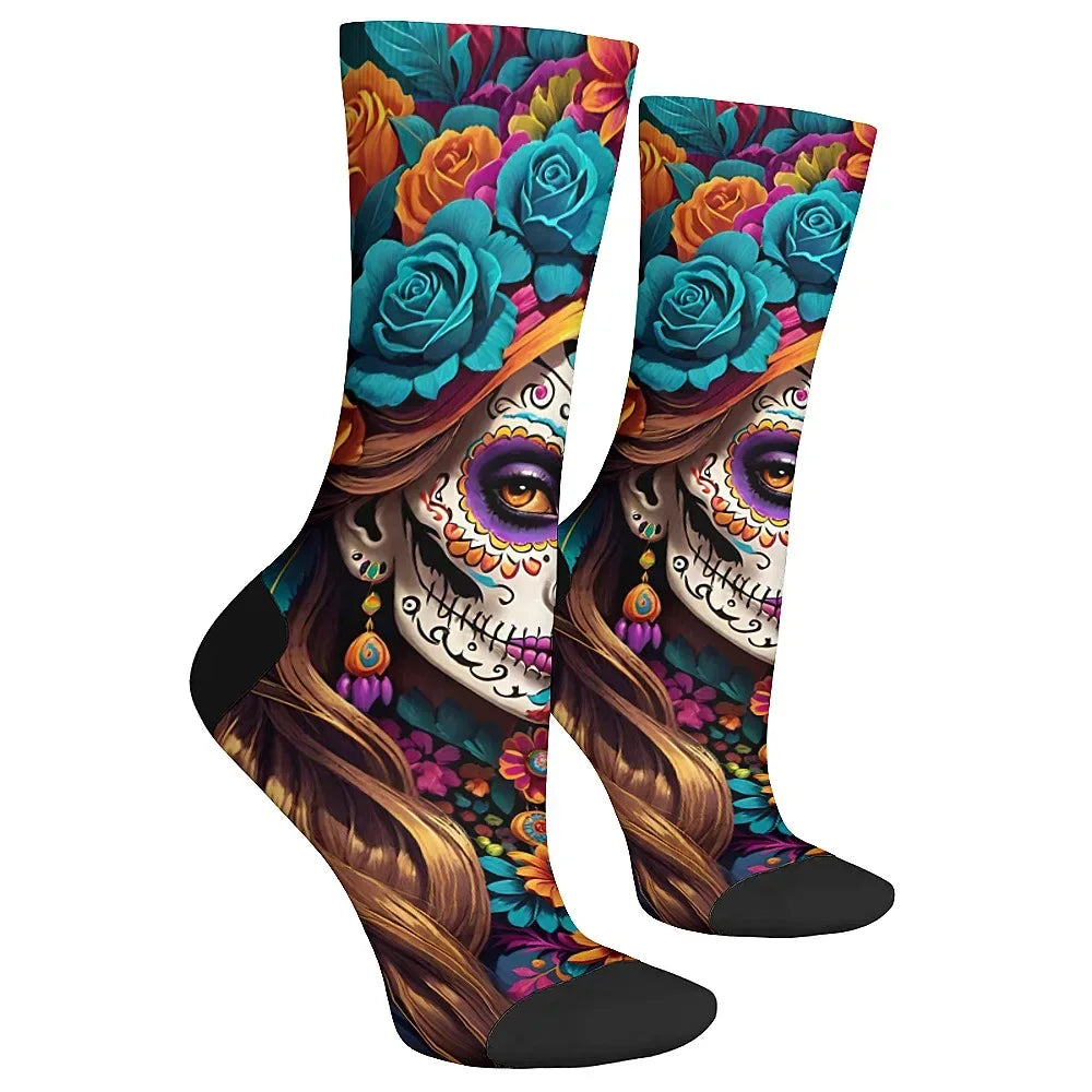 Mens Art Day of the Dead Themed Socks Mexican Grim Reaper Vintage Floral Design Soft Breathable Crew Socks Novelty Holiday Gift