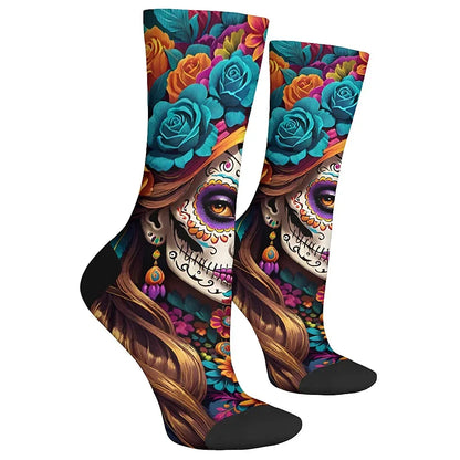 Mens Art Day of the Dead Themed Socks Mexican Grim Reaper Vintage Floral Design Soft Breathable Crew Socks Novelty Holiday Gift