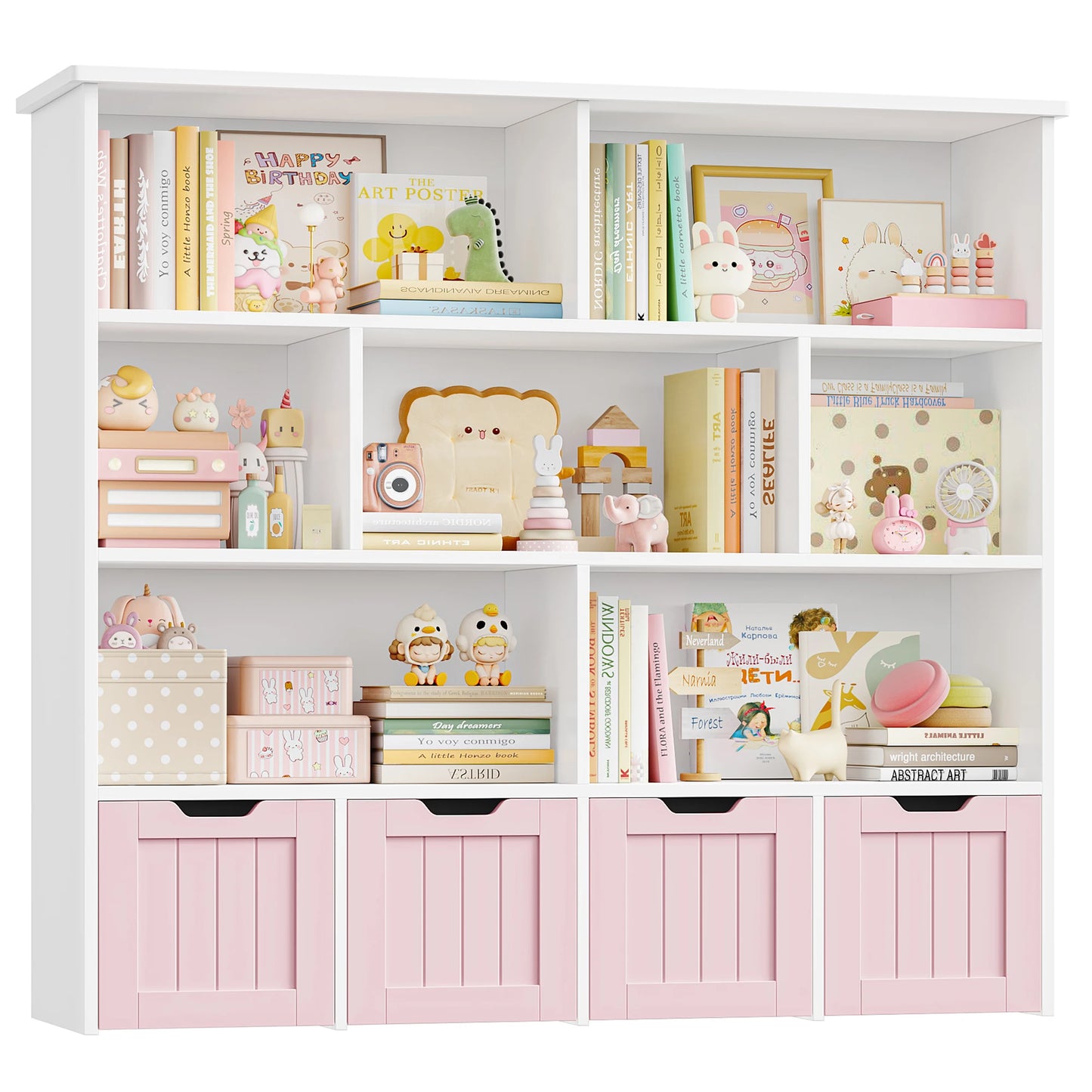 Getone Kids Toy Storage Unit Childrens Bookcase with 4 roller drawers 8 shelves Toy Organiser Kids Bookshelf for Nursery Playroom 125.5x33x118cm White/ Pink