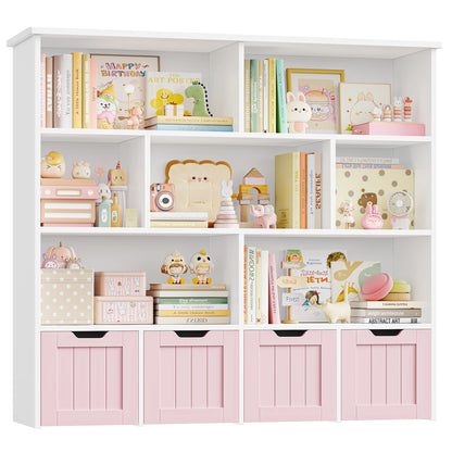 Getone Kids Toy Storage Unit Childrens Bookcase with 4 roller drawers 8 shelves Toy Organiser Kids Bookshelf for Nursery Playroom 125.5x33x118cm White/ Pink