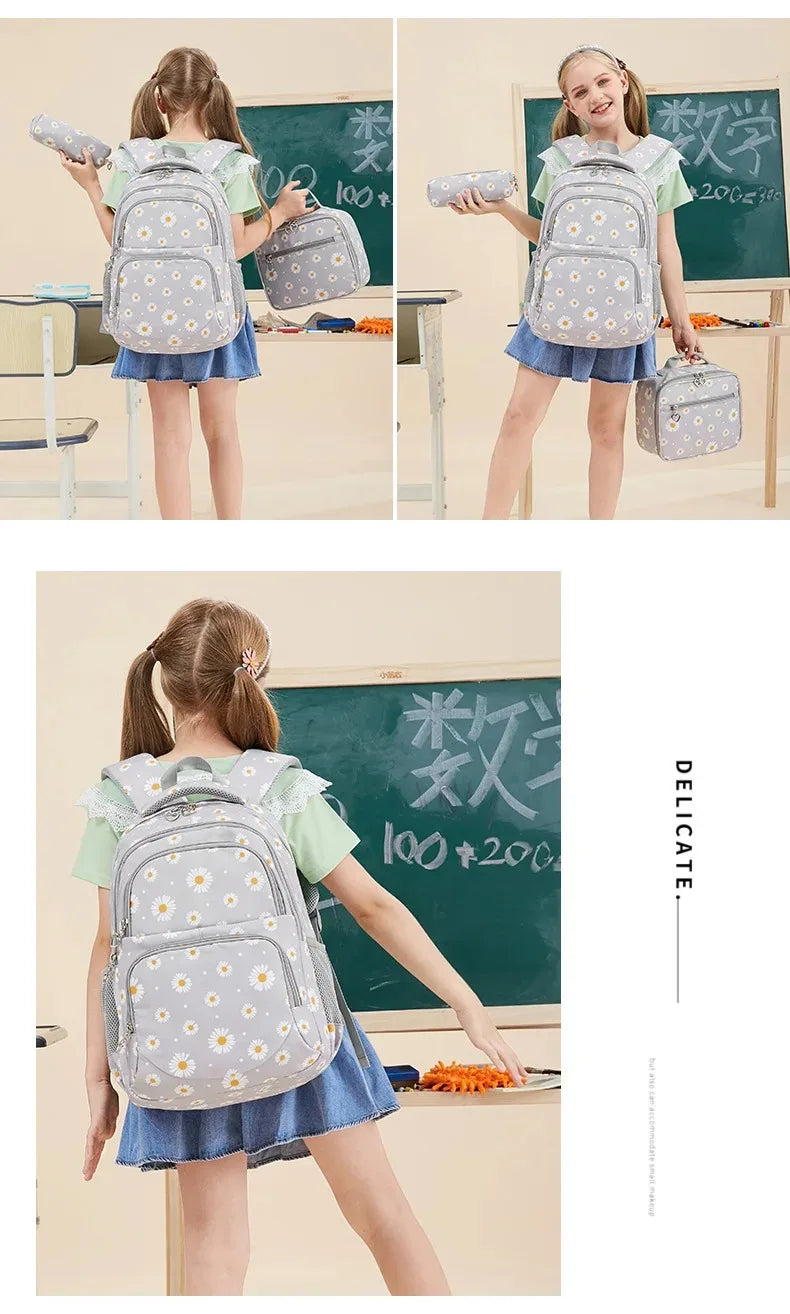 Daisy Pattern School Bag Backpack Pencil Case Handbag Three Piece Set Nylon Fabric Waterproof Boys Girl Teenagers Trend Backpack