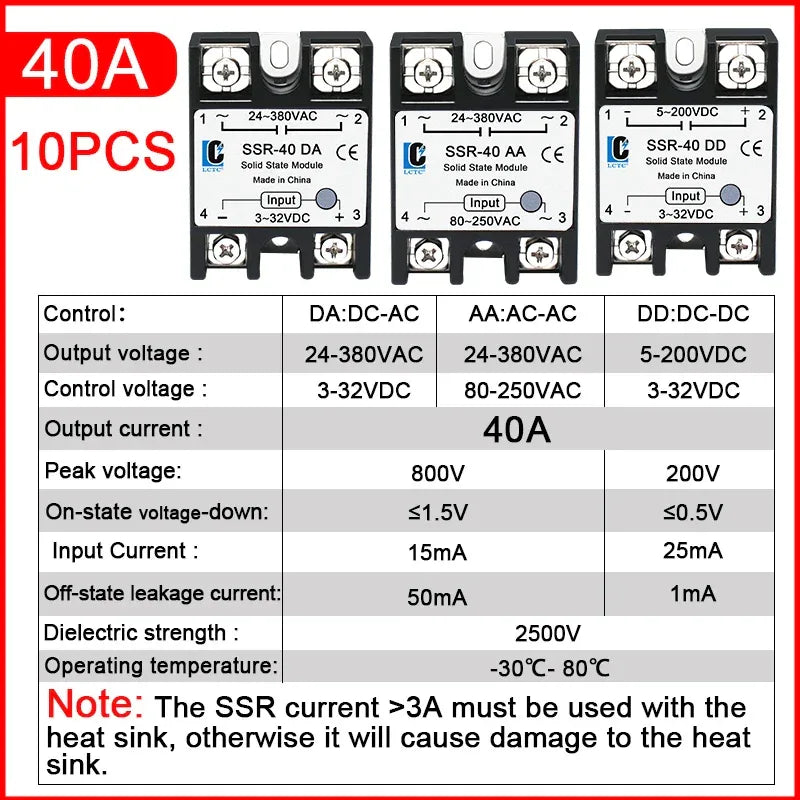 LCTC 10PCS SSR 10A 25A 40A 50A 60A 80A 100A Solid State Relay DC To AC AC To AC DC To DC Single Phase Control Relay