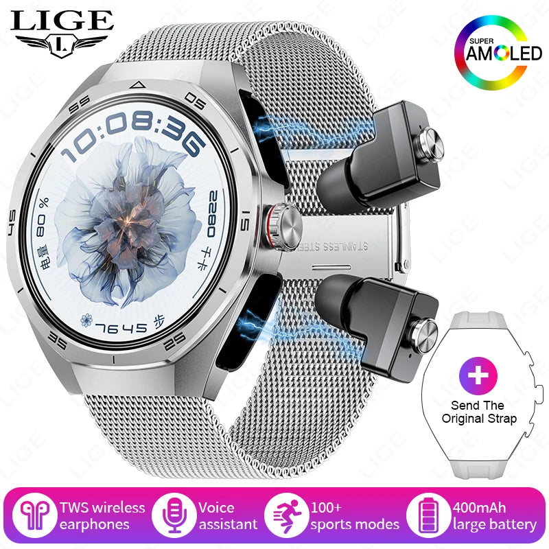 LIGE 2 In 1 Smart Watch With Earbuds NFC Smartwatch TWS Bluetooth Earphone Heart Rate Blood Pressure Monitor Sport Fitness Watch