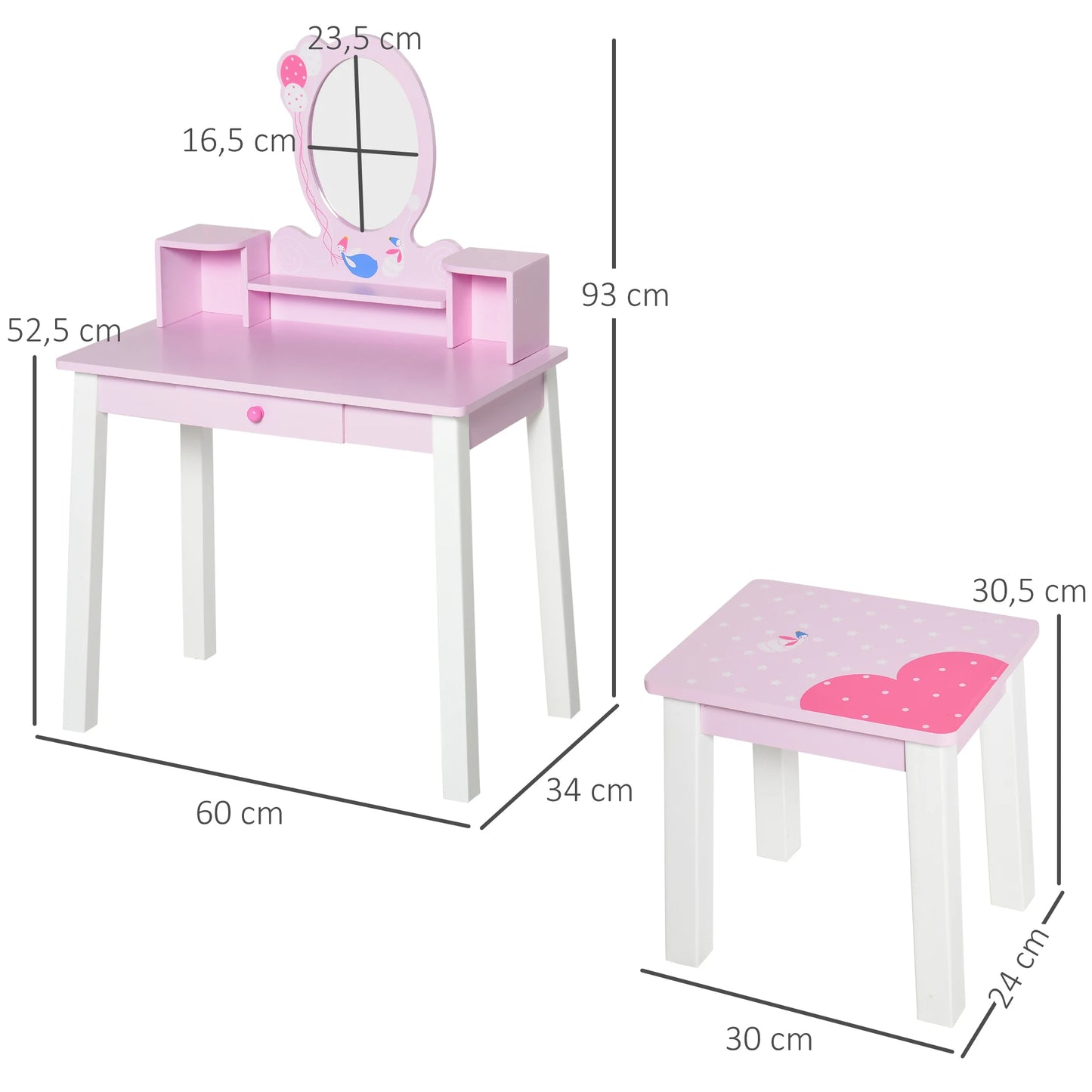 Homcom Children's Dressing Table with Stool and Mirror Princess Style Pink Wooden Makeup Table Toy for Girls 60X34X93 cm