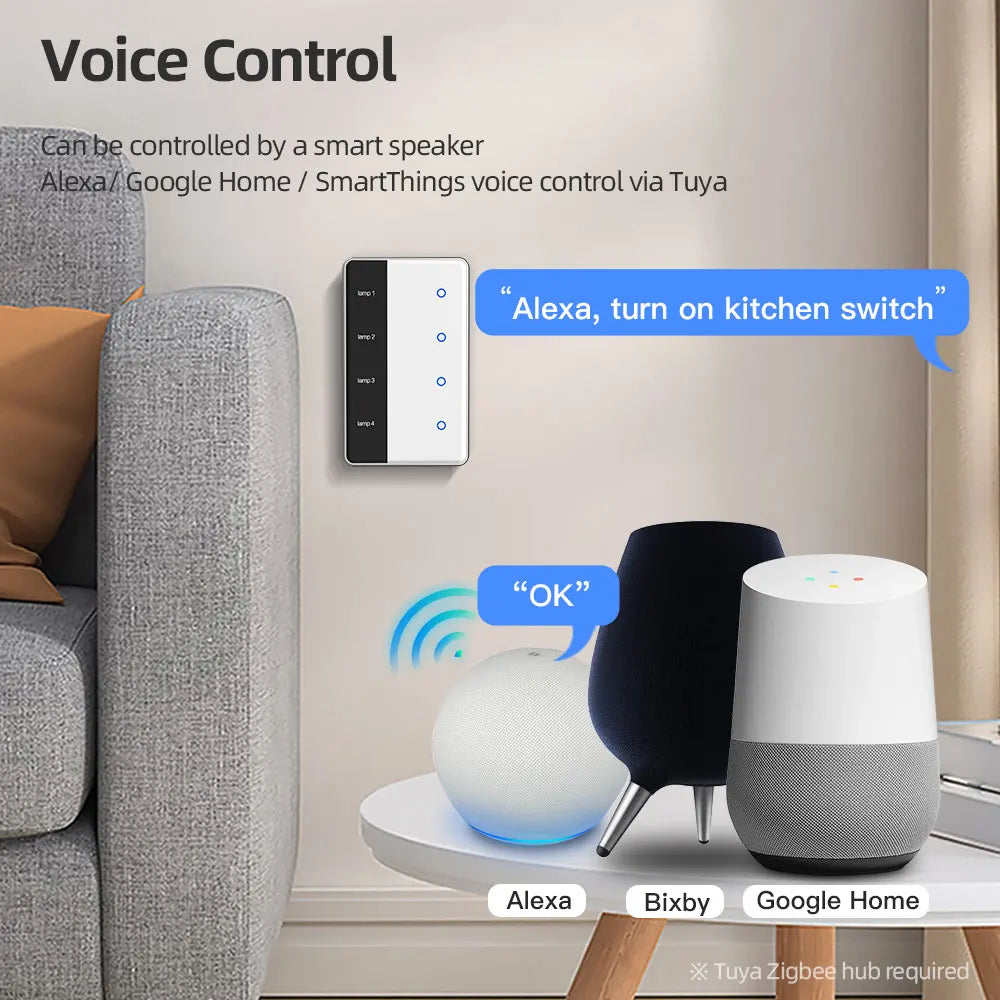 Zigbee Smart DIY Name Switch Work with Tuya App US Type Display Screen Touch Wall Light Switch Alexa Google Home Voice Control