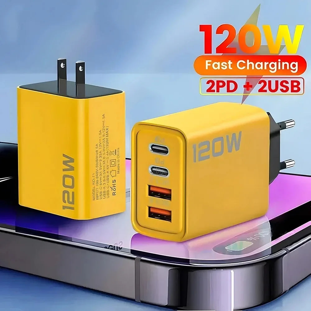 120W Fast Charger Hub USB C Quick Charge Ports PD 3.0 QC 3.0 For iPhone Samsung Xiaomi Android Phone Global Travel Charger Plug
