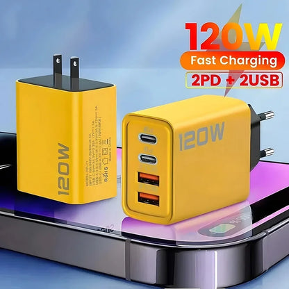 120W Fast Charger Hub USB C Quick Charge Ports PD 3.0 QC 3.0 For iPhone Samsung Xiaomi Android Phone Global Travel Charger Plug