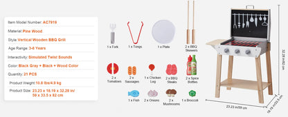 SucceBuy Simulation Kitchen Barbecue Toys Wooden Grill Toy Set Montessori Pretend Play Food BBQ Toy Playset for Kids Girls Gifts