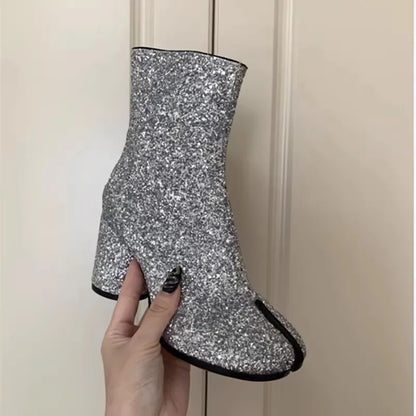 Leather Split Toe Tabi Boots For Women Chunky High Heels Women Shoes Ankle Boots Black Fashion Brand Designer Botas Mujer