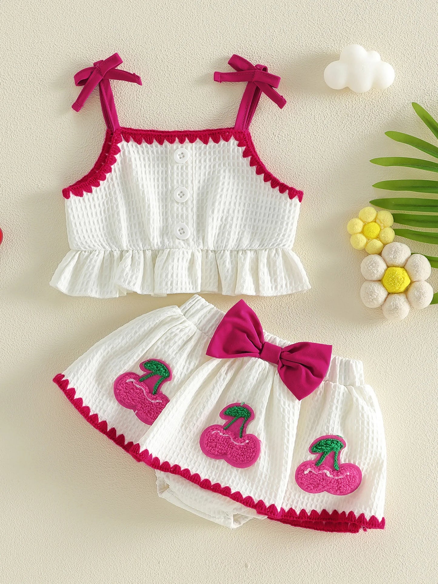 Sweet Baby Girl Summer Outfit Contrast Trim Ruffled Hem Cami Tops Cherry Applique Bow Skorts 2 Piece Girls Set