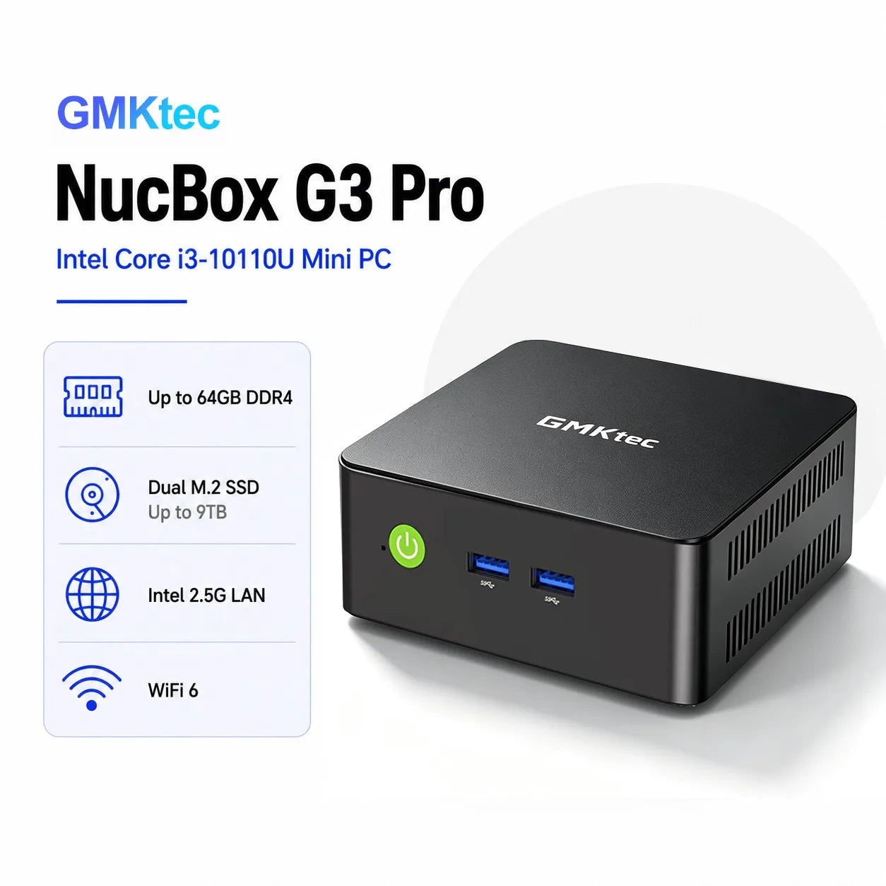 GMKtec G3 Pro Mini PC Intel Core i3-10110U 2×DDR4 2×M.2 SSD WiFi 6 BT5.2 2.5G LAN Dual HDMI Windows 11 Pro