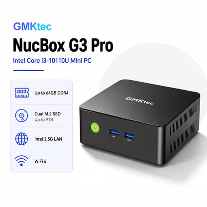 GMKtec G3 Pro Mini PC Intel Core i3-10110U 2×DDR4 2×M.2 SSD WiFi 6 BT5.2 2.5G LAN Dual HDMI Windows 11 Pro