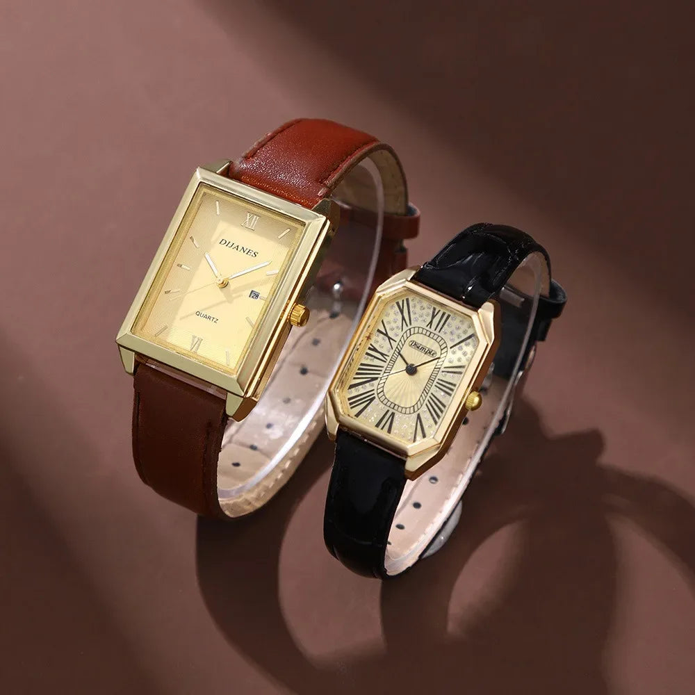 2pcs/set Square Couple's Watch, PU Leather Strap, Quartz Movement | Gifts for Men or Women | Valentine's Day Gifts