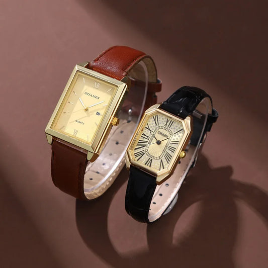 2pcs/set Square Couple's Watch, PU Leather Strap, Quartz Movement | Gifts for Men or Women | Valentine's Day Gifts