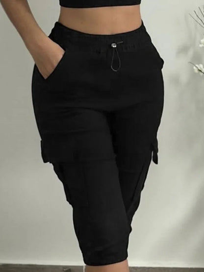 Pantalon Capri slim d'été pour femme, couleur unie, décontracté, poches multiples, laçage, taille haute, legging moulant