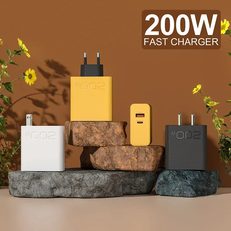 New 200W Ultra Fast Charger USB PD 2-In-1 Type C Fast GaN Phone Charger For Iphone Huawei Samsung Xiaomi Oppo  EU US Plug ﻿