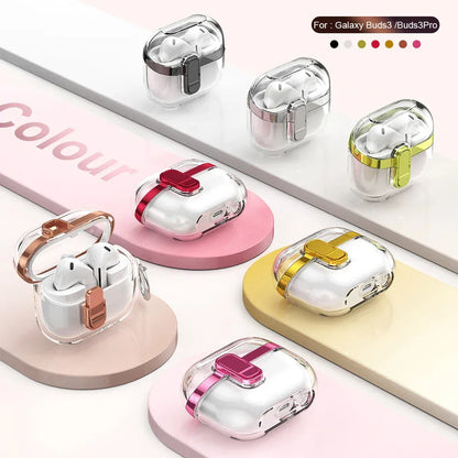 Transparent Secure Lock Earphone Cover For Samsung Galaxy Buds 3 / Buds 3 Pro Case Shockproof With Keychain Cleaning Accessories