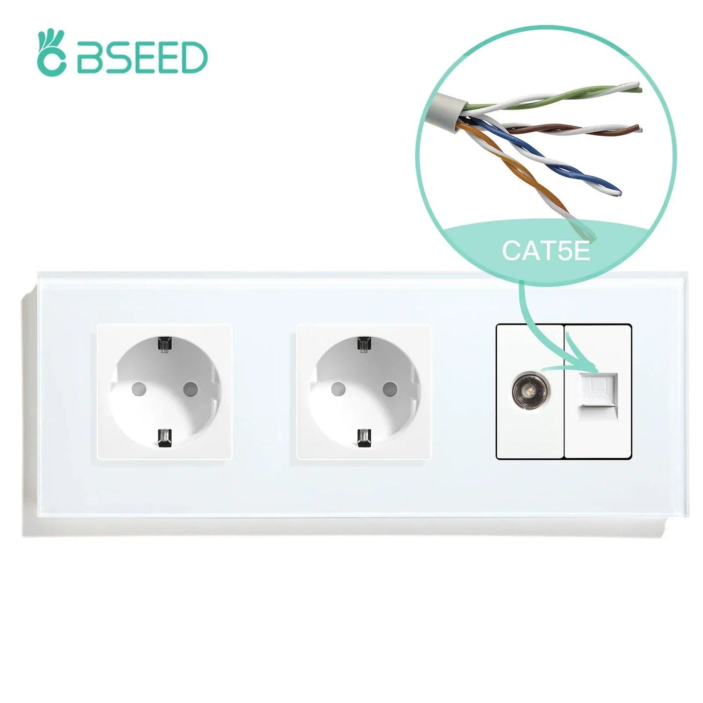 BSEED Single TV CAT5 Internet Socket Double EU Power Socket Triple Germany  With RJ45 Television Wall Sockets Glass Frame