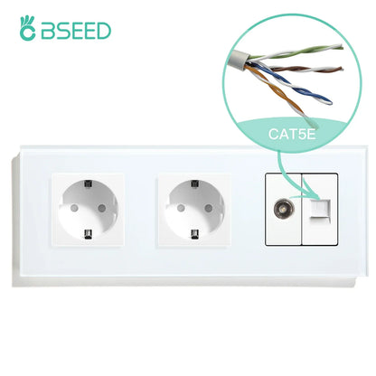 BSEED Single TV CAT5 Internet Socket Double EU Power Socket Triple Germany  With RJ45 Television Wall Sockets Glass Frame